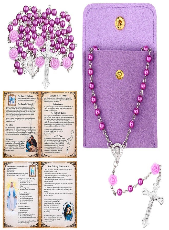 Quelay Rosary for Women Catholic Gifts Our Lady of Rosary Beads Pray Card Necklace Confirmation Gifts(Purple,Rose) - Image 1